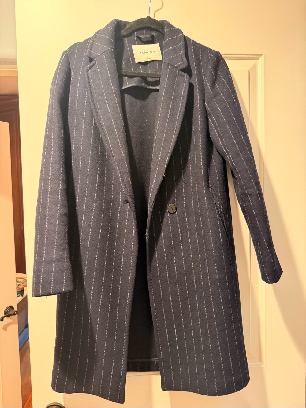 Aritzia Babaton Navy Pinstripe Long Wool Coat